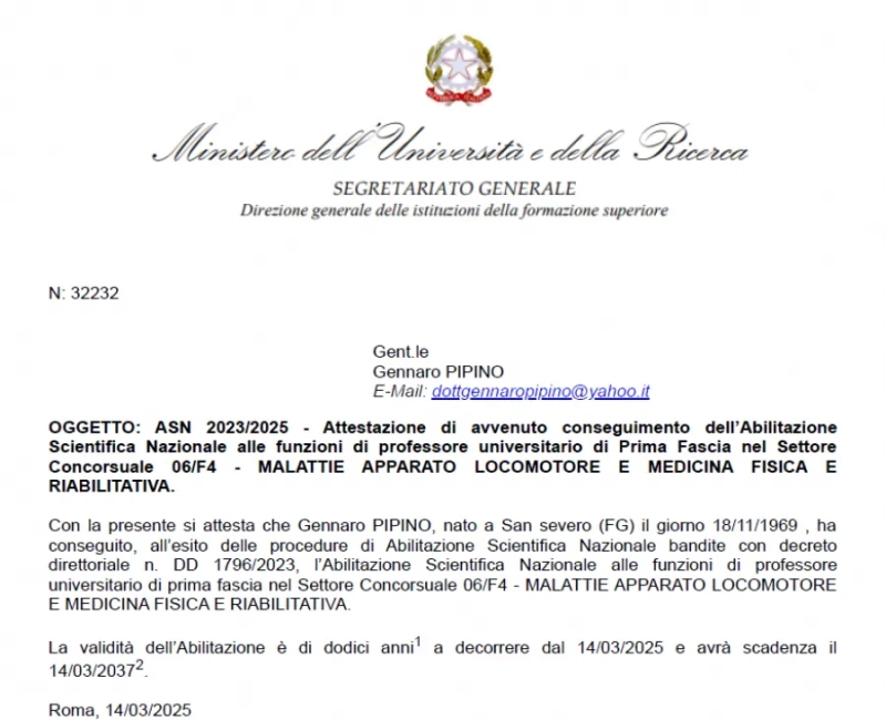 Il Professor Pipino Gennaro ottiene l’Abilitazione Scientifica Nazionale di Prima Fascia