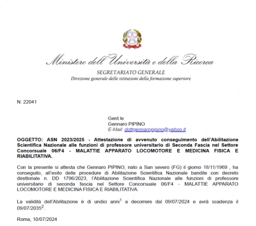 Abilitazione Scientifica Nazionale per il Prof. Gennaro Pipino