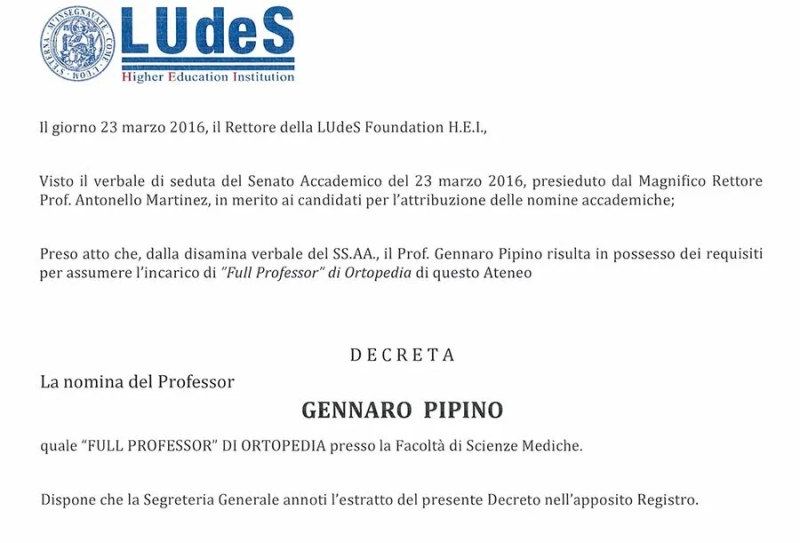 Il Prof. Gennaro Pipino nominato FULL PROFESSOR DI ORTOPEDIA presso la Facoltà di Scienze Mediche
