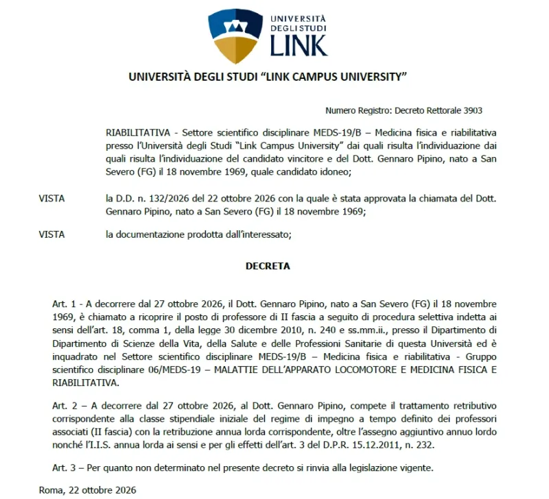 Il Prof. Gennaro Pipino nominato Professore Associato alla Link Campus University
